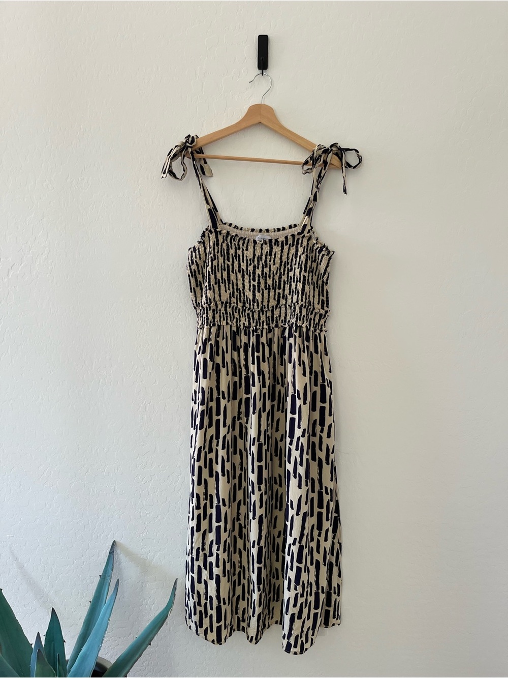 Lost + Wander Beige and Navy Smocked Maxi Dress